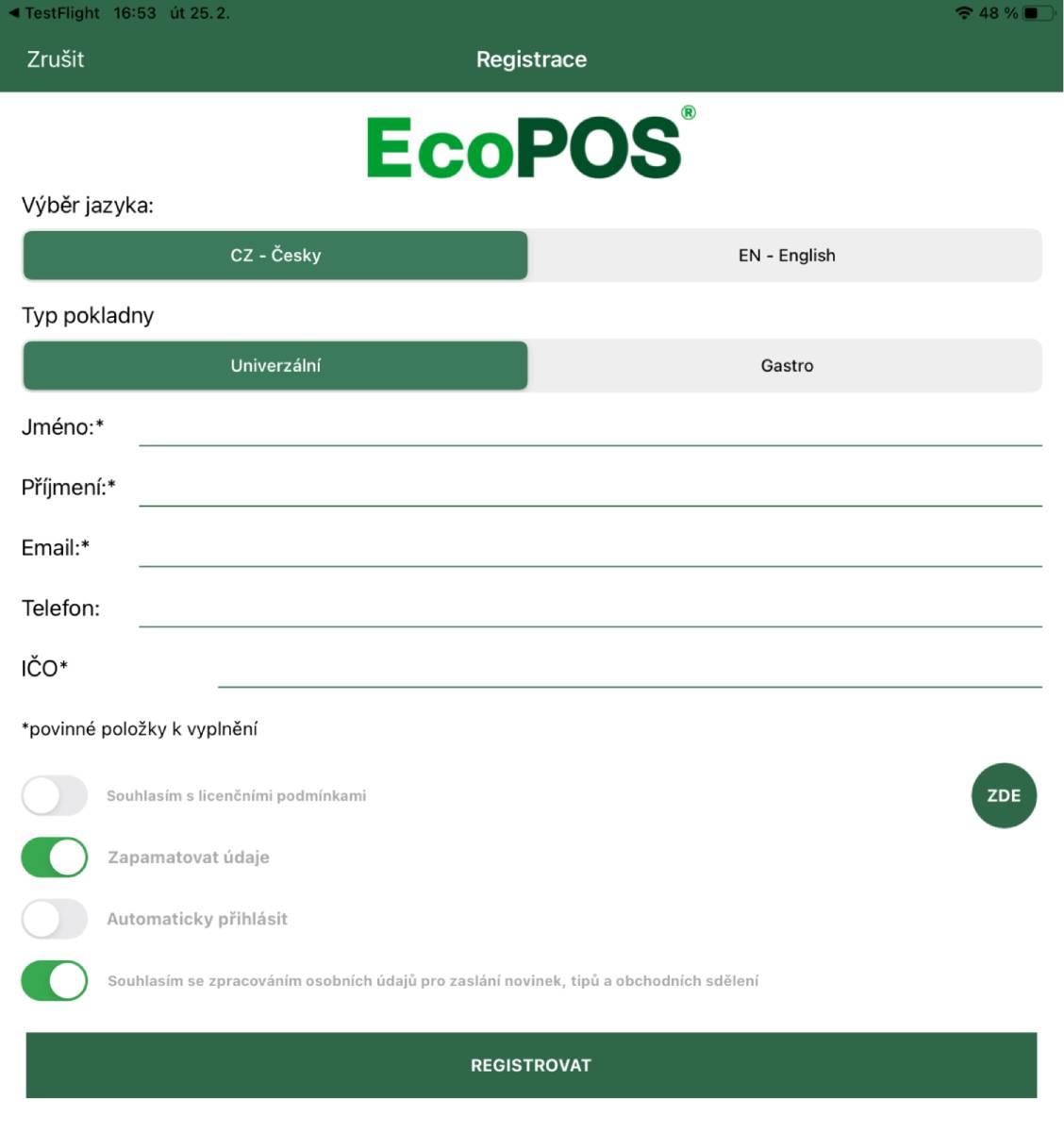 Registrační formulář aplikace EcoPOS