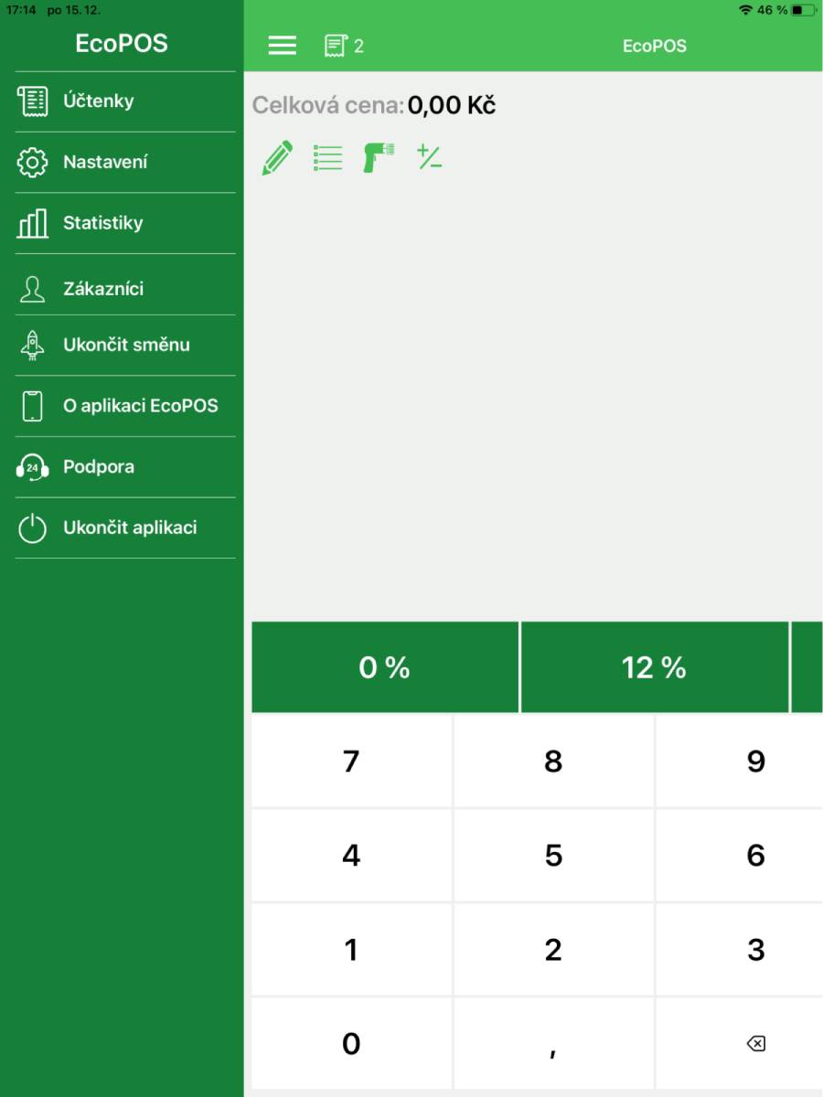 Základní menu aplikace EcoPOS