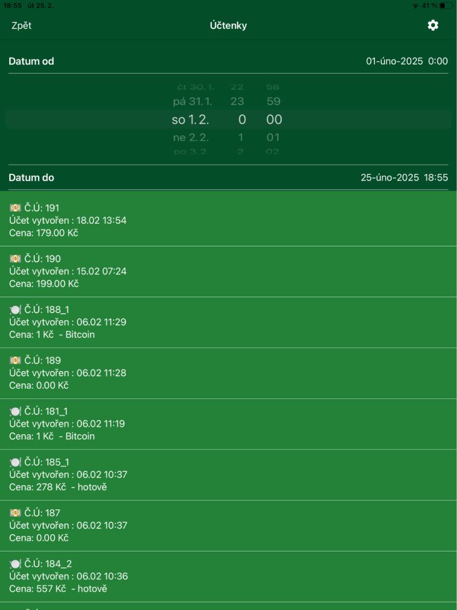 Seznam uzavřených účtenek za zvolené období