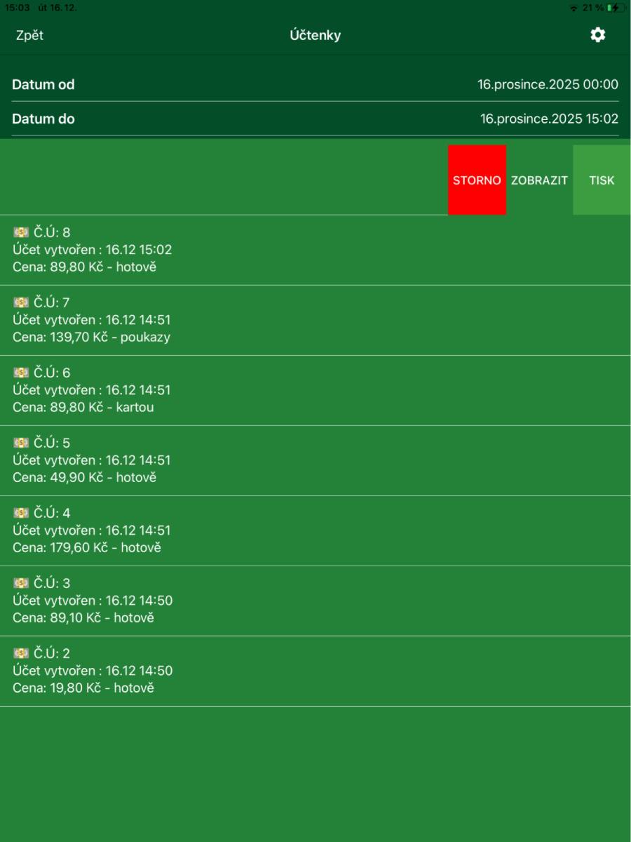 Další nabídka účtenky po přejetí prstu