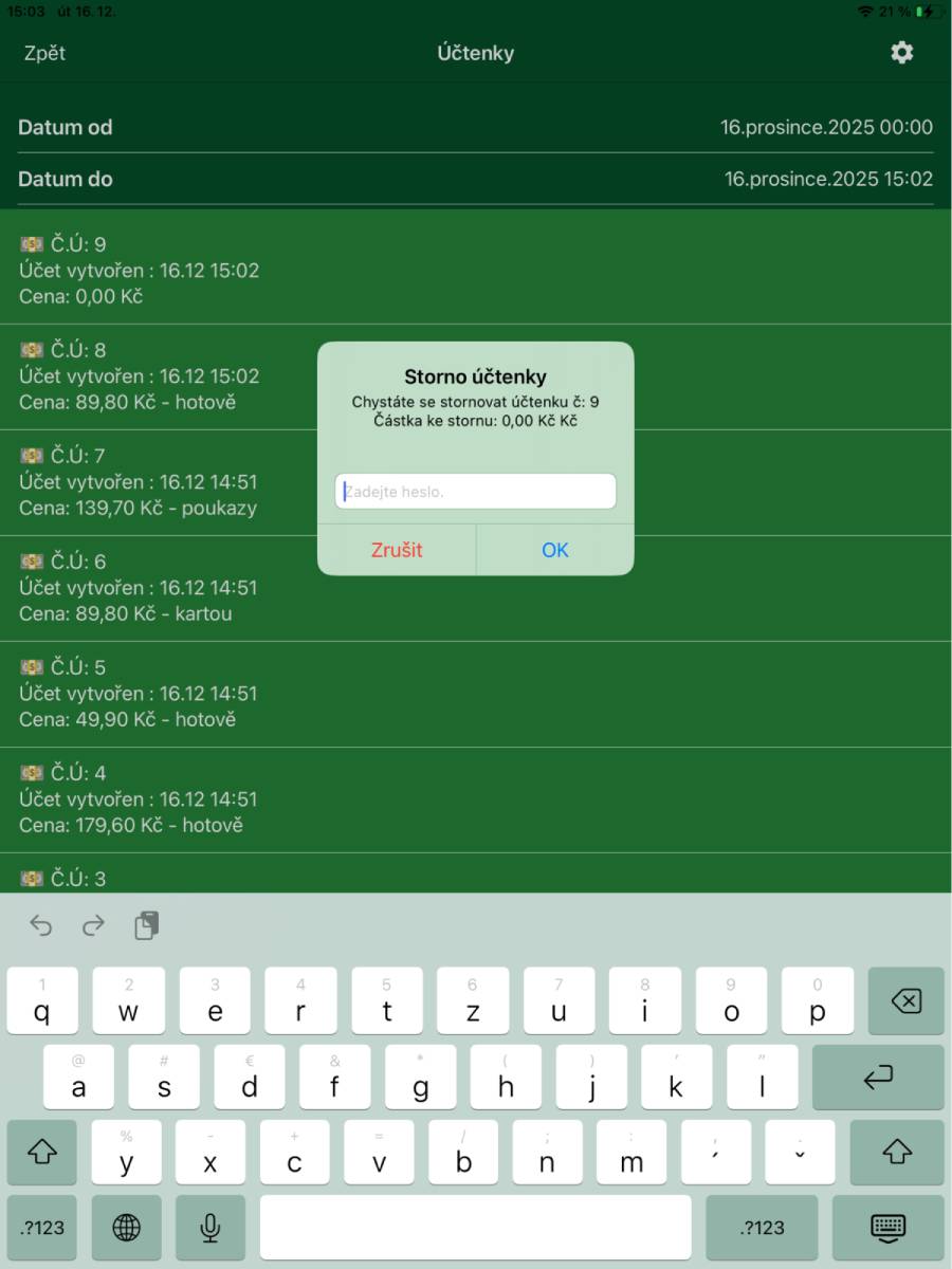 Možnost storna účtenky