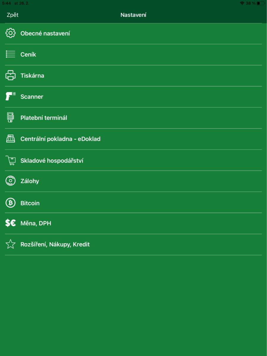 Přehled sekce Nastavení v EcoPOS