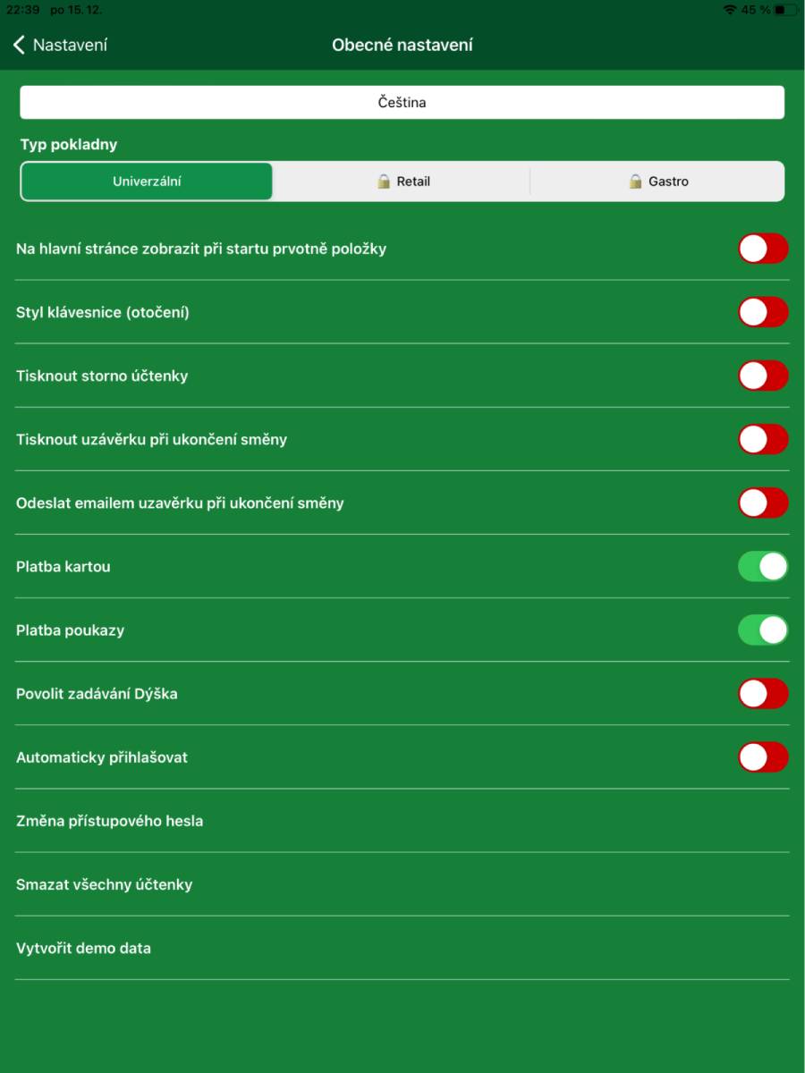 Obecné nastavení aplikace EcoPOS
