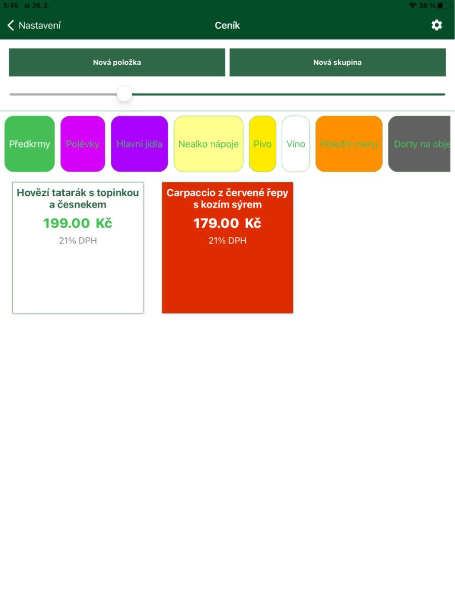 Základní přehled ceníkových kategorií a položek