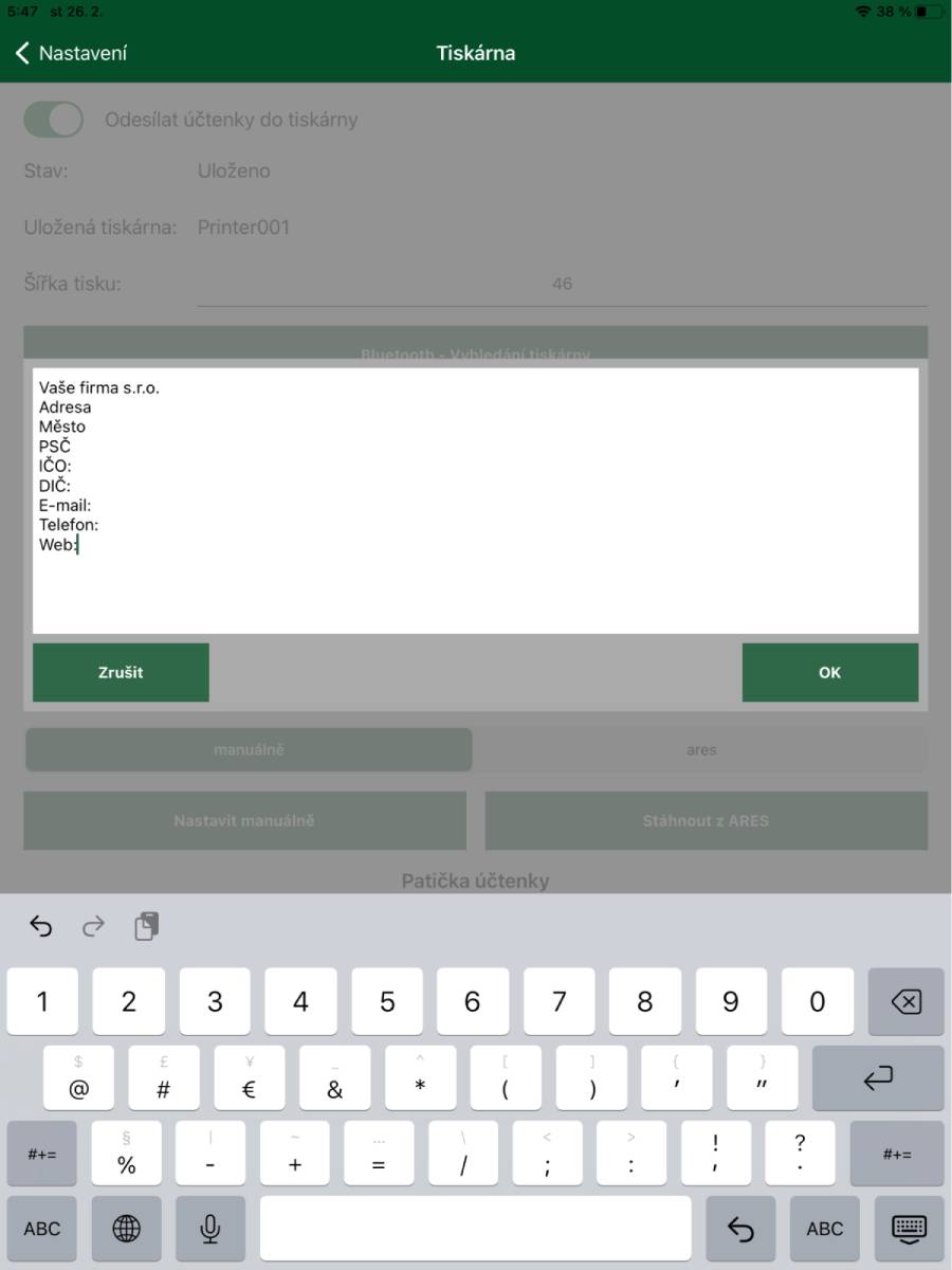 Nastavení hlavičky a patičky účtenky