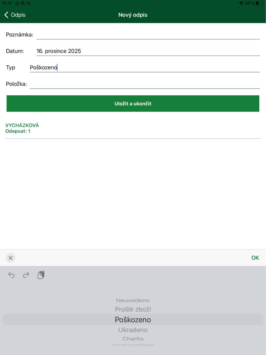 Nový odpis skladových položek