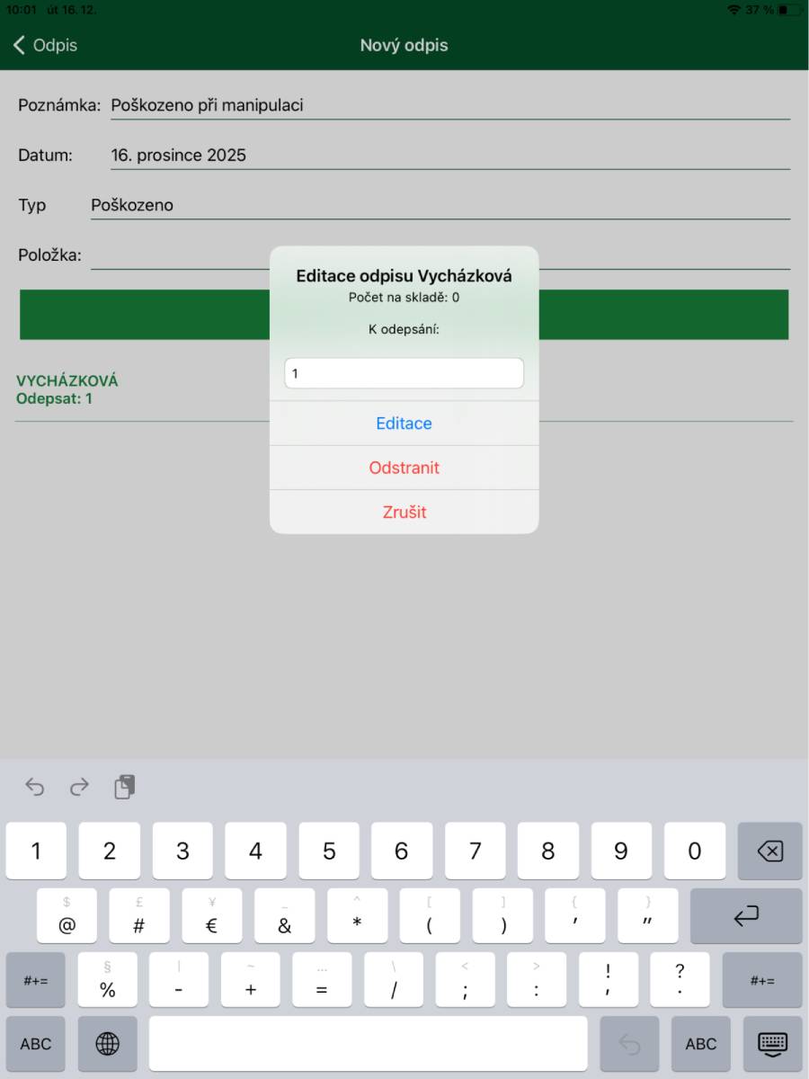 Změna množství položky v odpisu