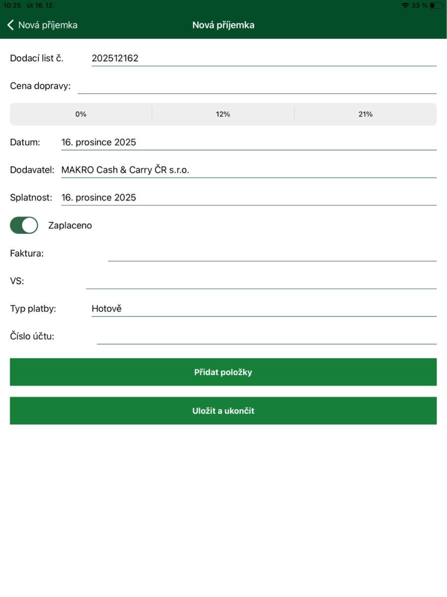 Nová příjemka – vyplnění údajů