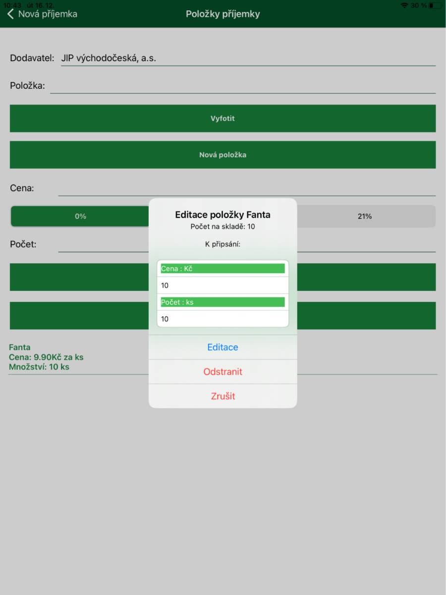 Editace položek vložených do příjemky