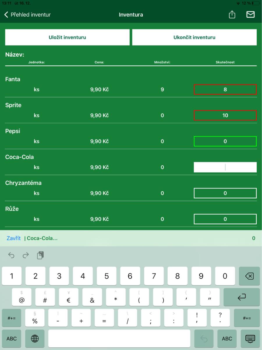 Inventura – přehled položek skladu v tabulce