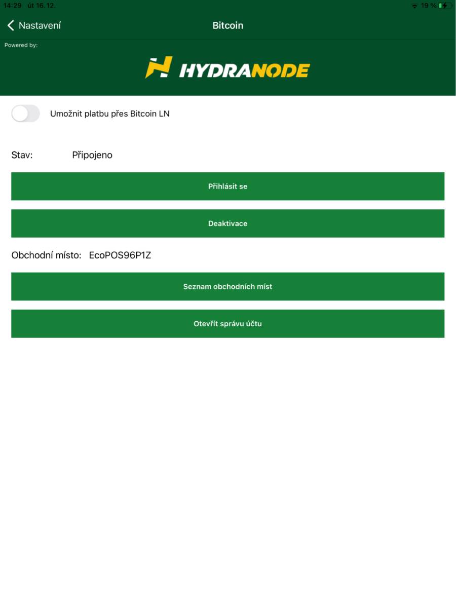 Další nastavení plateb Bitcoin LN a správa obchodních míst