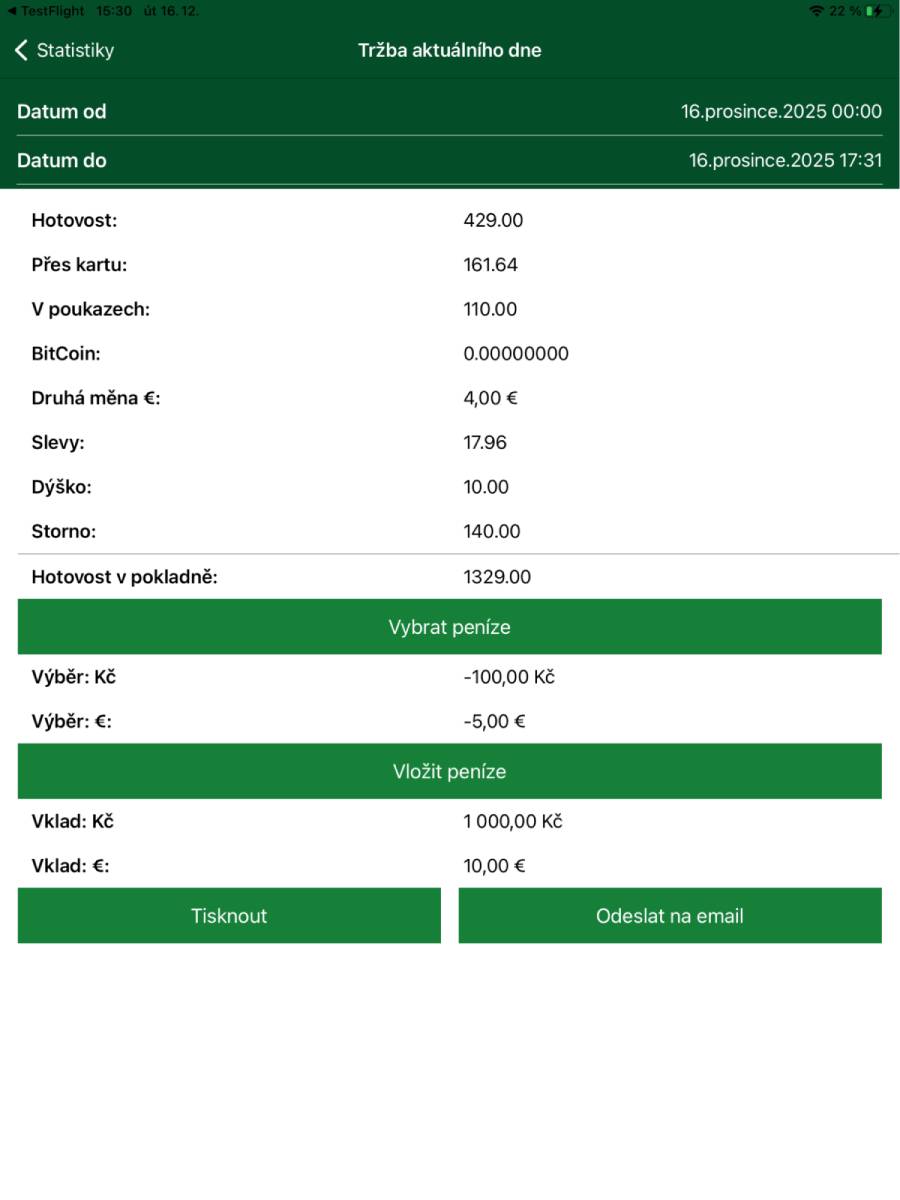 Tržba aktuálního dne – statistika a operace s hotovostí